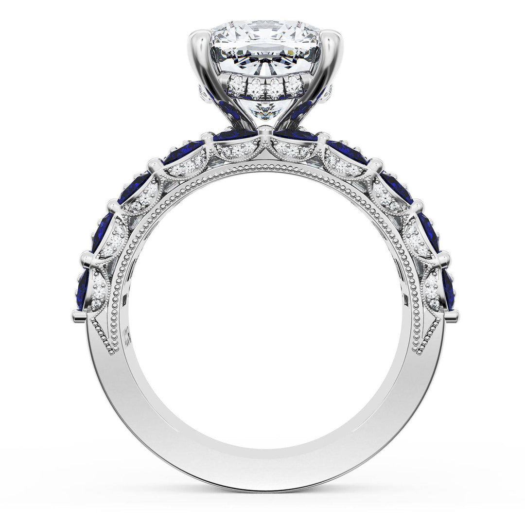 Cushion Solitaire Engagement Ring w/ Emerald & Pear Band