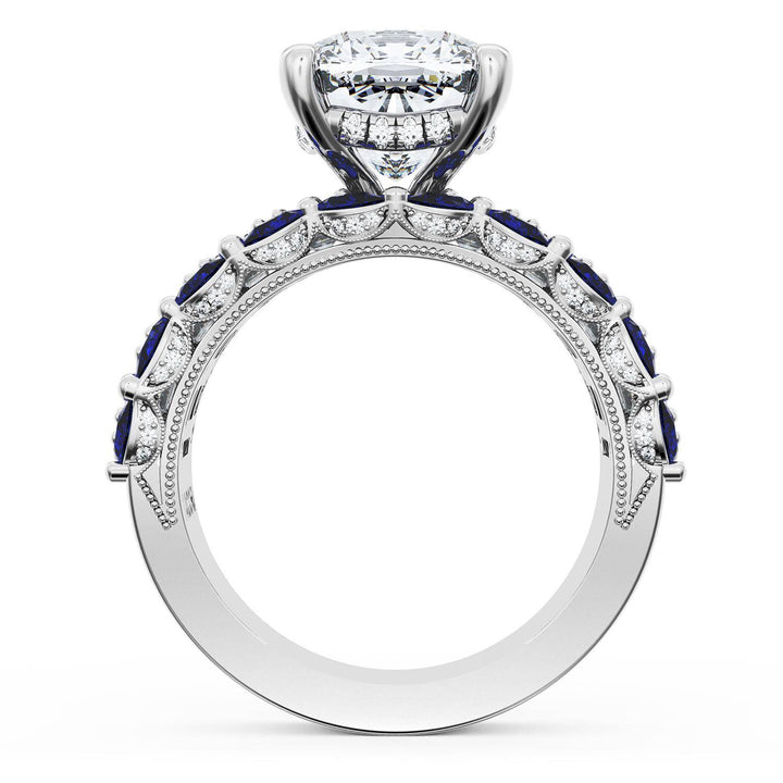Cushion Solitaire Engagement Ring w/ Emerald & Pear Band