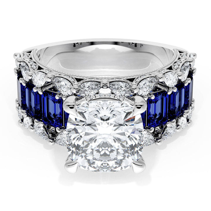 Cushion Solitaire Engagement Ring w/ Emerald & Pear Band