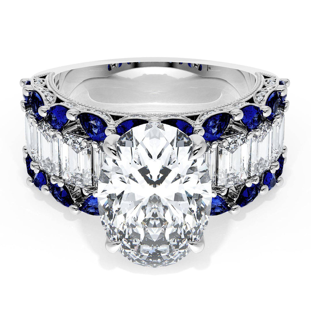 Oval Solitaire Engagement Ring w/ Emerald & Pear Band