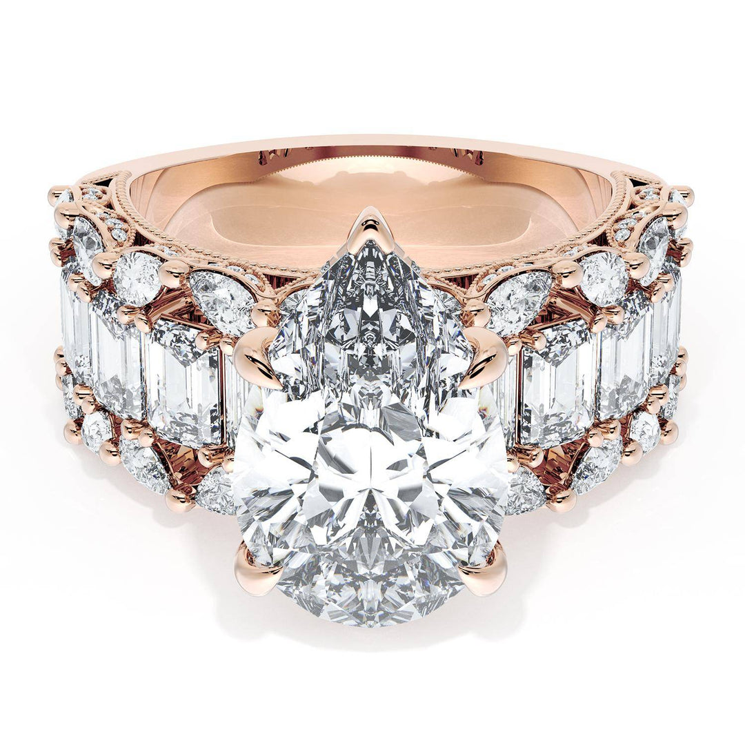 Pear Solitaire Engagement Ring w/ Emerald & Pear Band