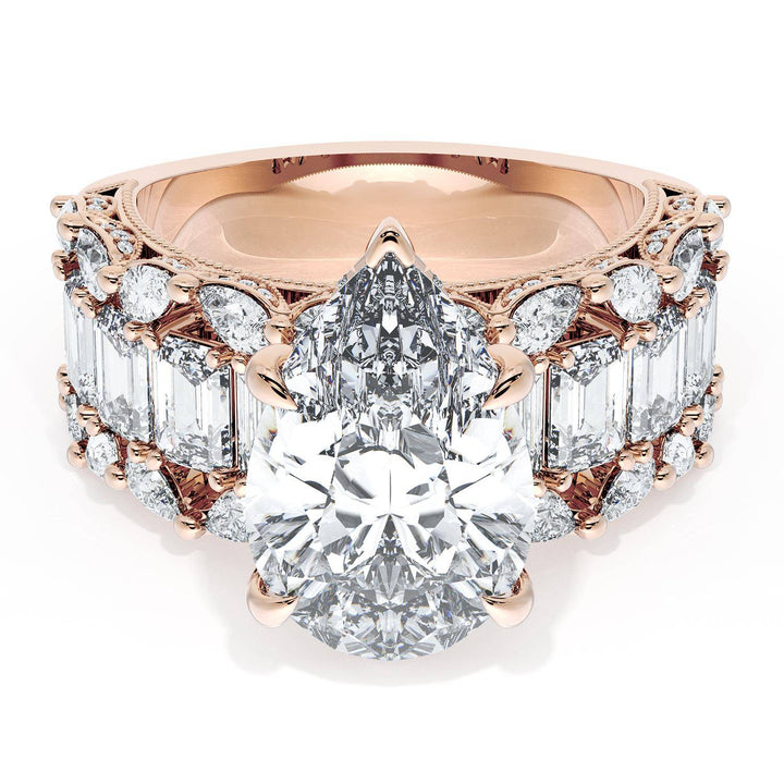 Pear Solitaire Engagement Ring w/ Emerald & Pear Band