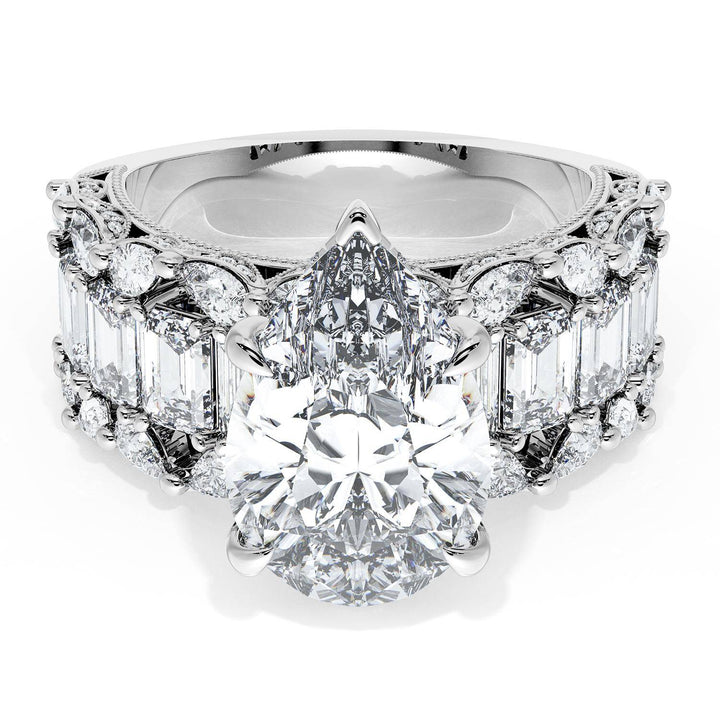 Pear Solitaire Engagement Ring w/ Emerald & Pear Band