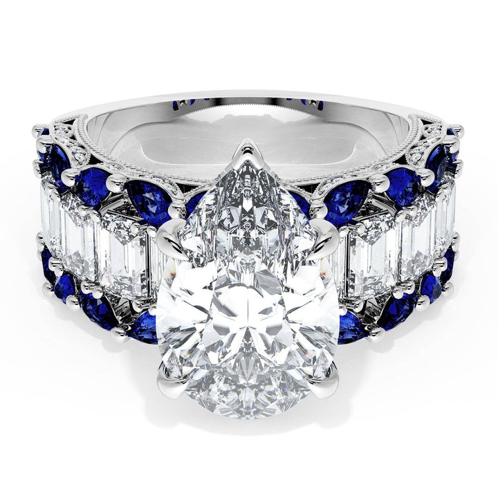 Pear Solitaire Engagement Ring w/ Emerald & Pear Band