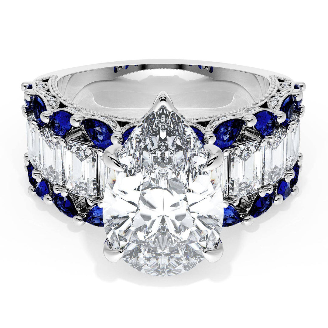 Pear Solitaire Engagement Ring w/ Emerald & Pear Band