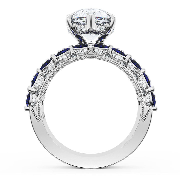 Pear Solitaire Engagement Ring w/ Emerald & Pear Band