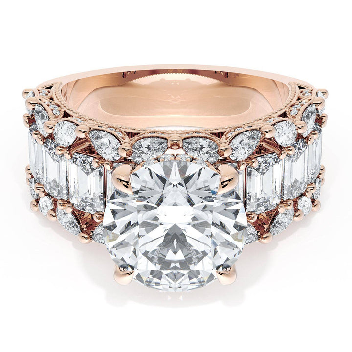 Round Solitaire Engagement Ring w/ Emerald & Pear Band