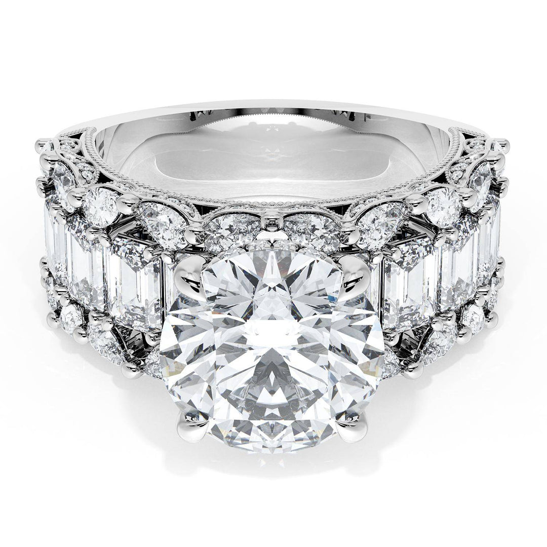 Round Solitaire Engagement Ring w/ Emerald & Pear Band