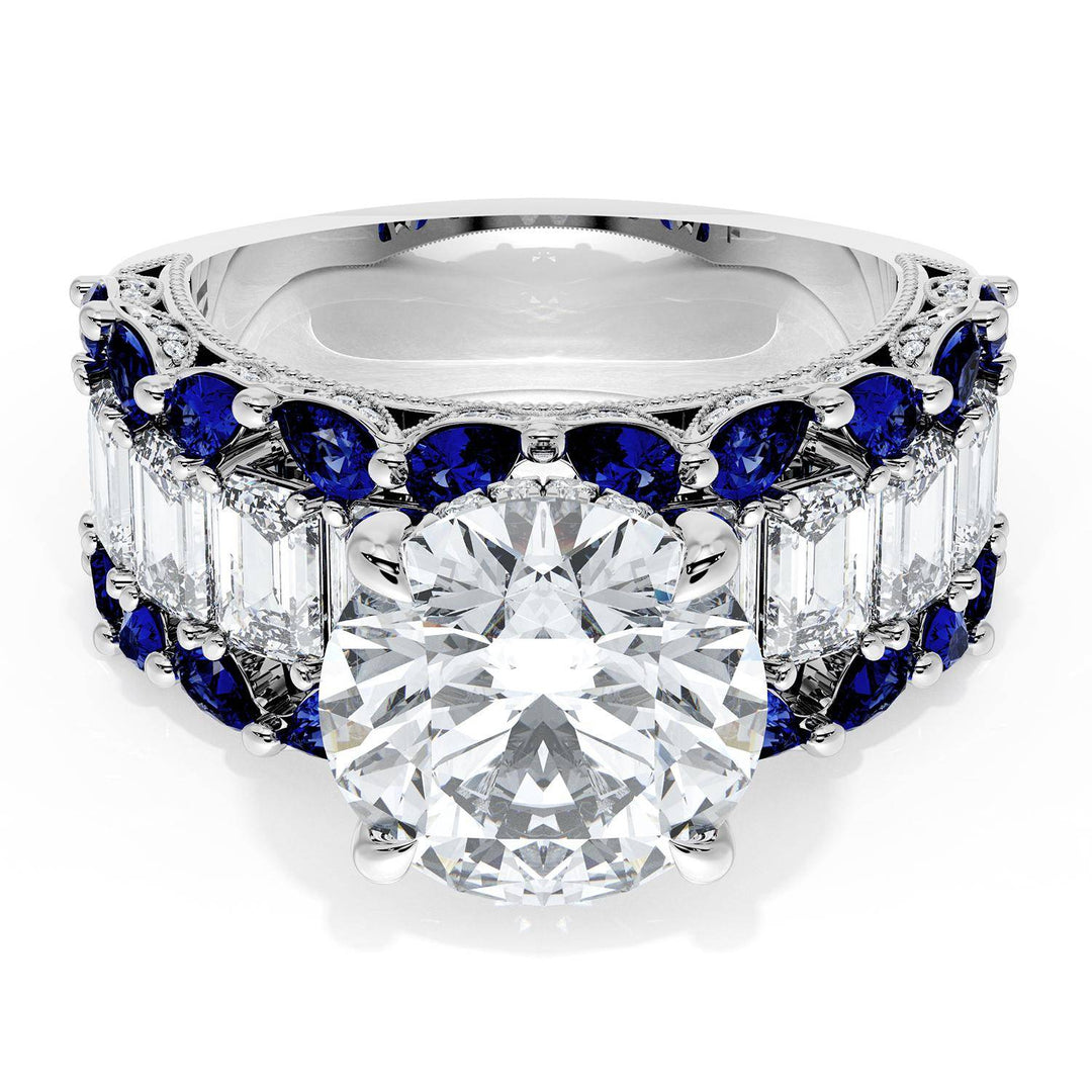 Round Solitaire Engagement Ring w/ Emerald & Pear Band