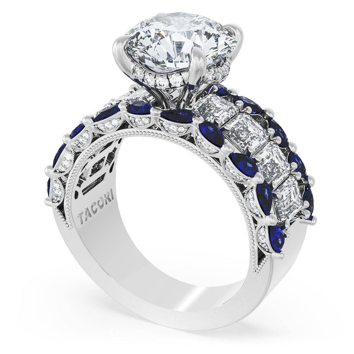 Round Solitaire Engagement Ring w/ Emerald & Pear Band