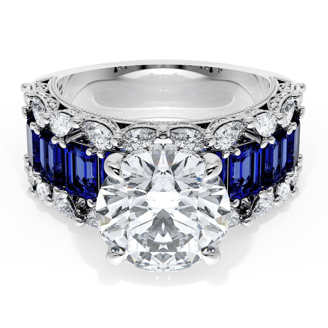 Round Solitaire Engagement Ring w/ Emerald & Pear Band