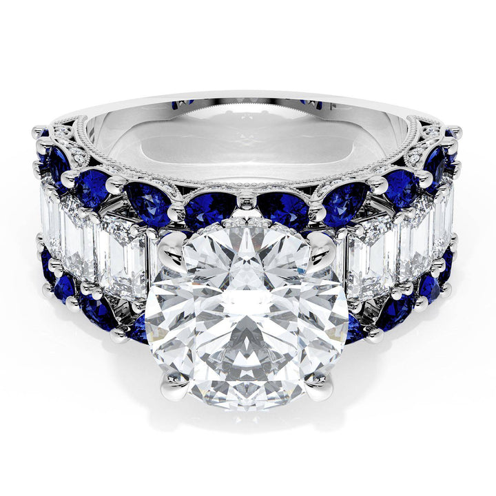 Round Solitaire Engagement Ring w/ Emerald & Pear Band