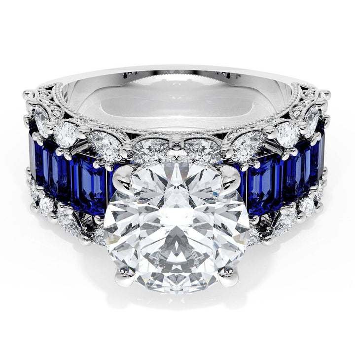 Round Solitaire Engagement Ring w/ Emerald & Pear Band