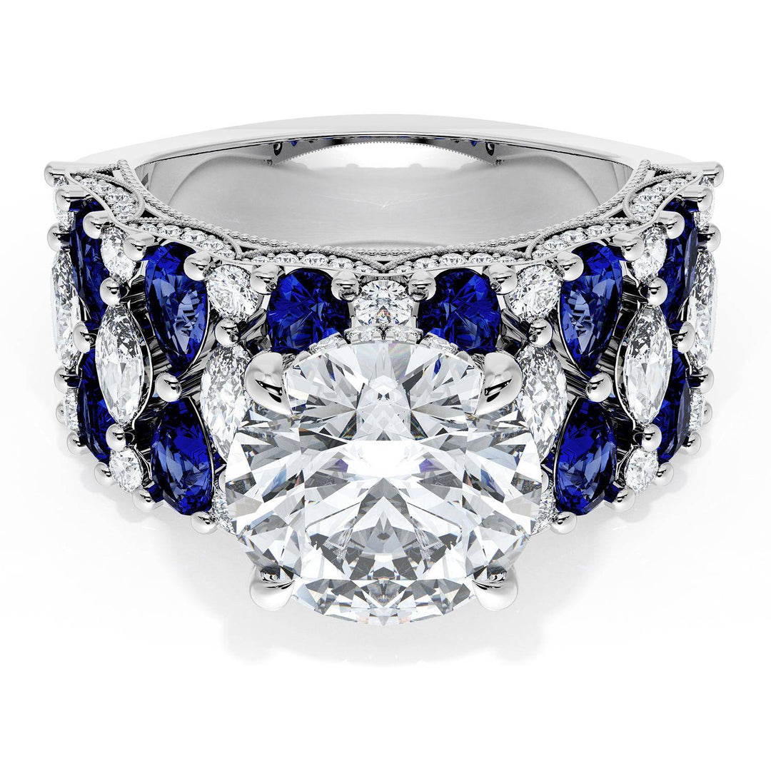 Round Solitaire Engagement Ring w/ North South Marquise & Pear Band
