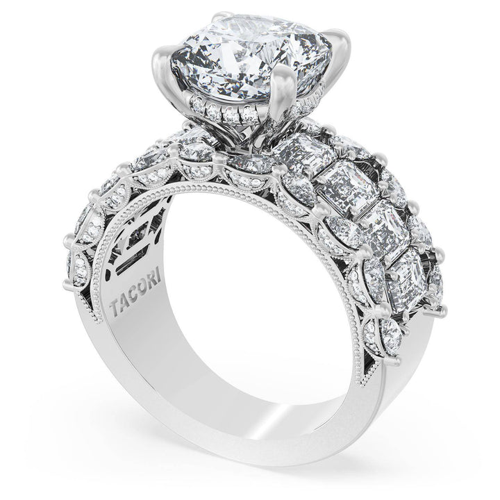 Cushion Solitaire Engagement Ring w/ Emerald & Pear Band