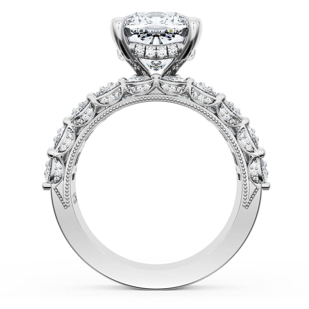 Cushion Solitaire Engagement Ring w/ Emerald & Pear Band