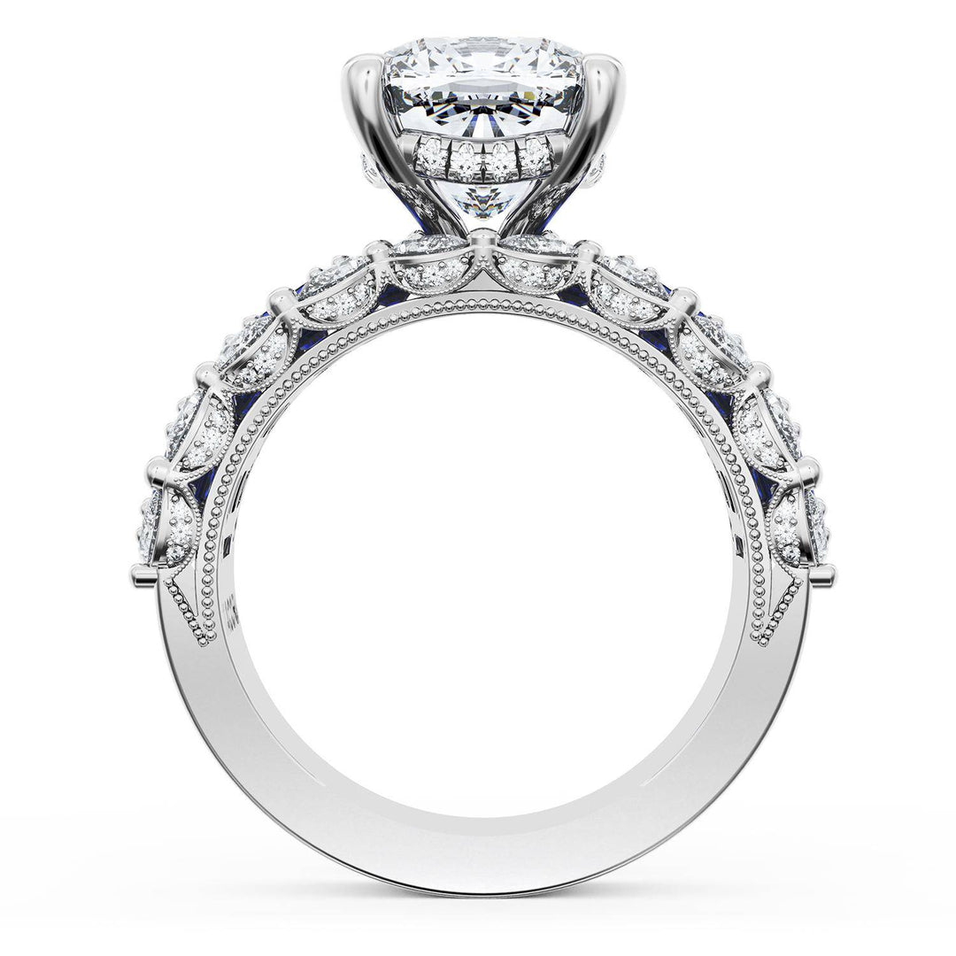 Cushion Solitaire Engagement Ring w/ Emerald & Pear Band