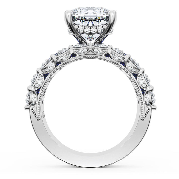 Cushion Solitaire Engagement Ring w/ Emerald & Pear Band