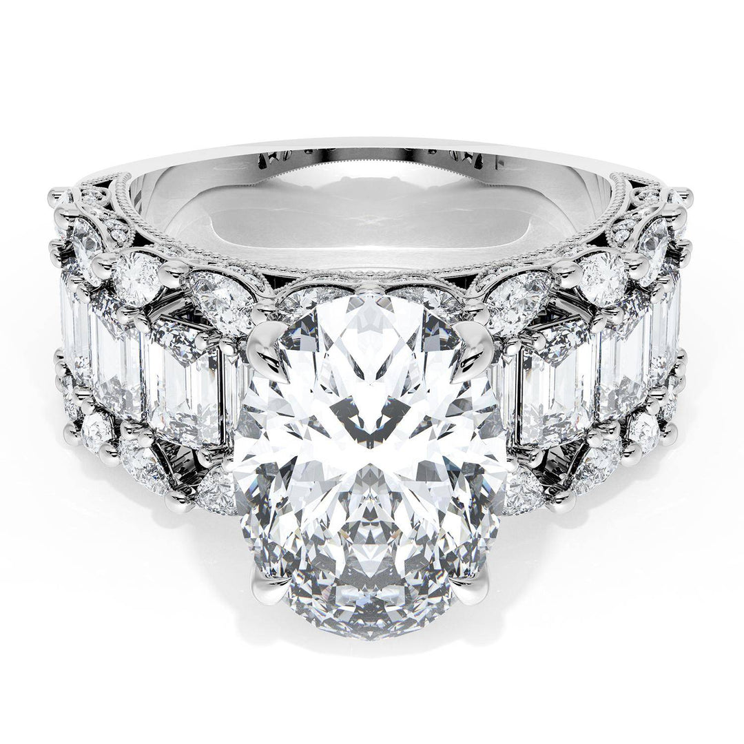 Oval Solitaire Engagement Ring w/ Emerald & Pear Band