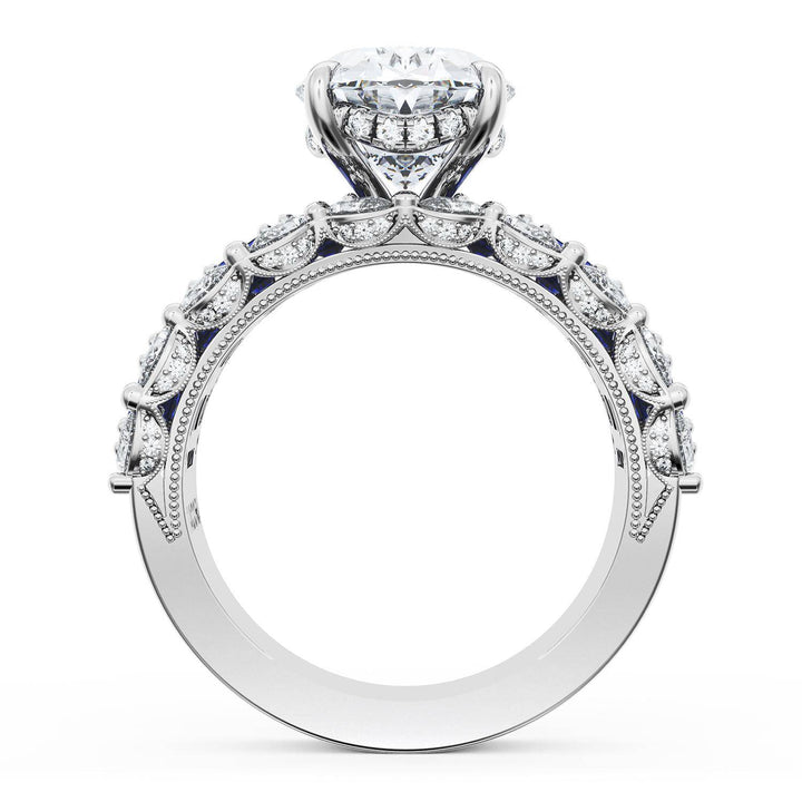 Oval Solitaire Engagement Ring w/ Emerald & Pear Band