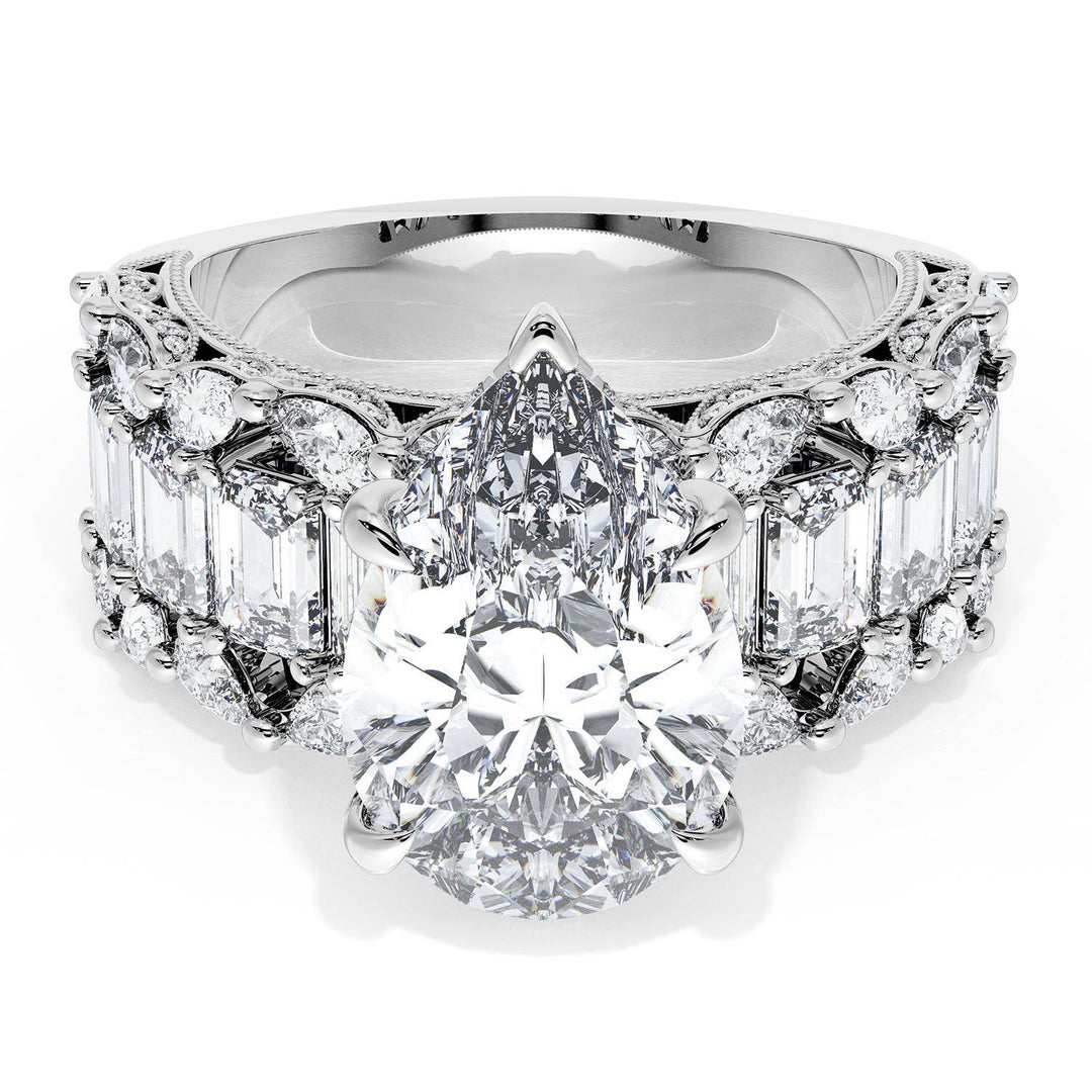 Pear Solitaire Engagement Ring w/ Emerald & Pear Band
