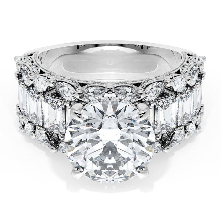 Round Solitaire Engagement Ring w/ Emerald & Pear Band