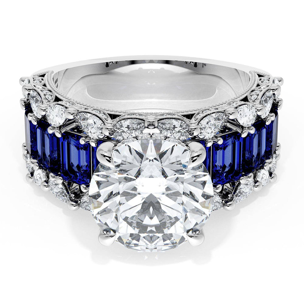 Round Solitaire Engagement Ring w/ Emerald & Pear Band