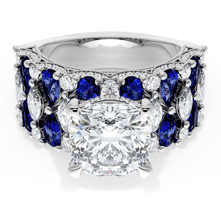 Cushion Solitaire Engagement Ring w/ North South Marquise & Pear Band
