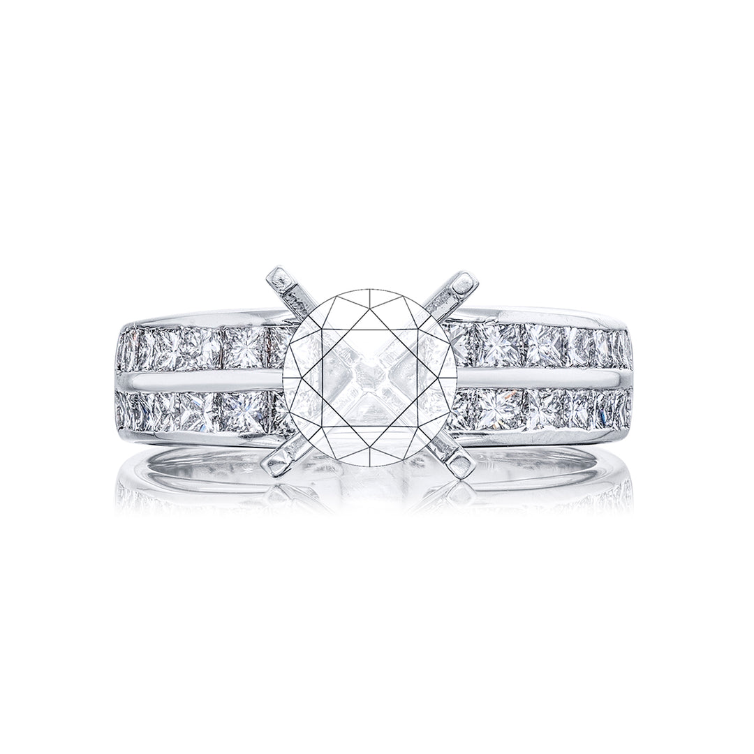Dazzling Brilliance: Our timeless diamond halo semi-mount. These twenty-eight princess-cut diamonds are set in a channel set handcrafted in pure platinum.