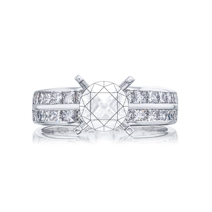 Dazzling Brilliance: Our timeless diamond halo semi-mount. These twenty-eight princess-cut diamonds are set in a channel set handcrafted in pure platinum.