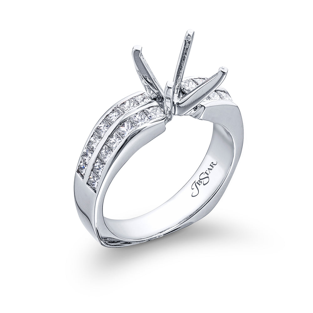 Dazzling Brilliance: Our timeless diamond halo semi-mount. These twenty-eight princess-cut diamonds are set in a channel set handcrafted in pure platinum.