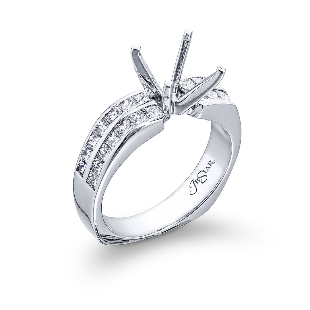 Dazzling Brilliance: Our timeless diamond halo semi-mount. These twenty-eight princess-cut diamonds are set in a channel set handcrafted in pure platinum.