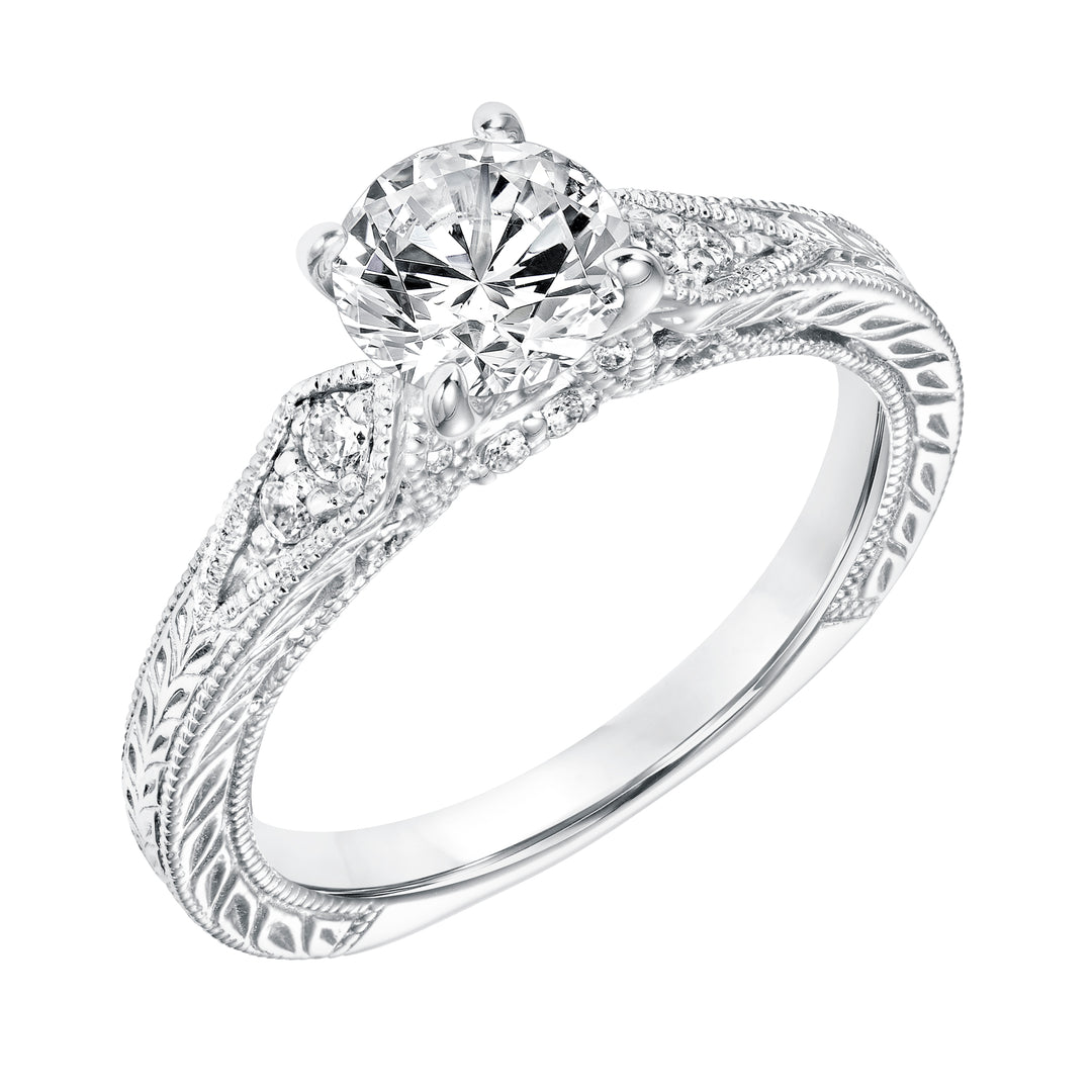 Diamond Prong Set Engagement Ring with Pinched Diamond Engraved  Shank and Milgrain Detail.  Center Stone is not included.