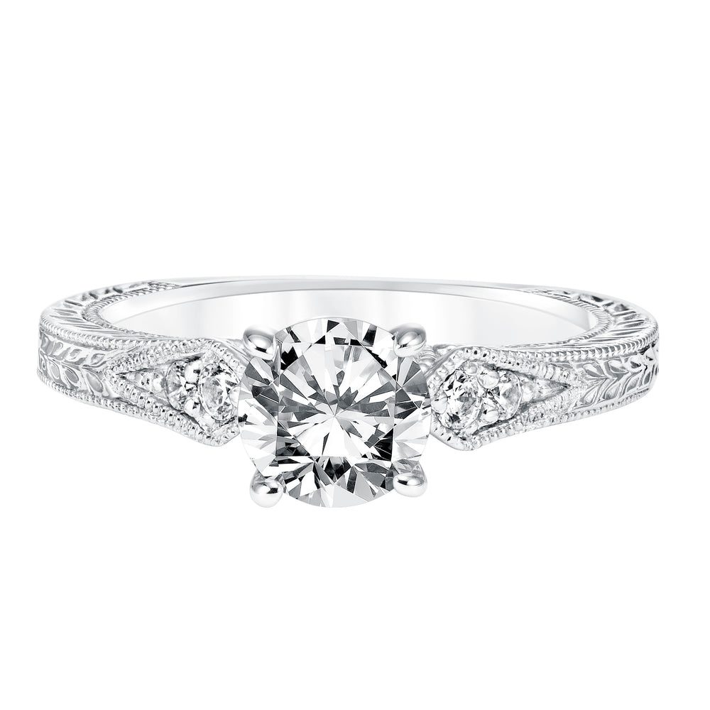 Diamond Prong Set Engagement Ring with Pinched Diamond Engraved  Shank and Milgrain Detail.  Center Stone is not included.