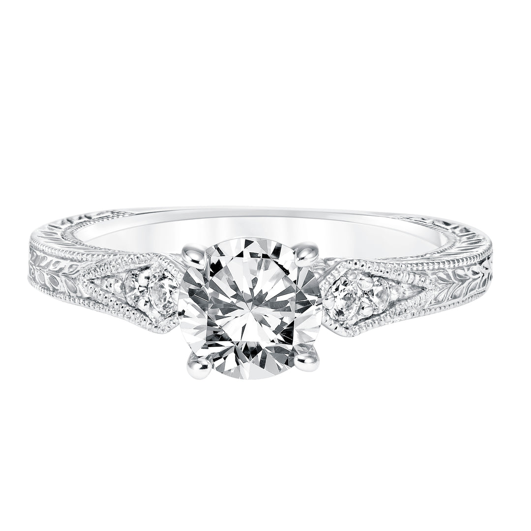 Diamond Prong Set Engagement Ring with Pinched Diamond Engraved  Shank and Milgrain Detail.  Center Stone is not included.