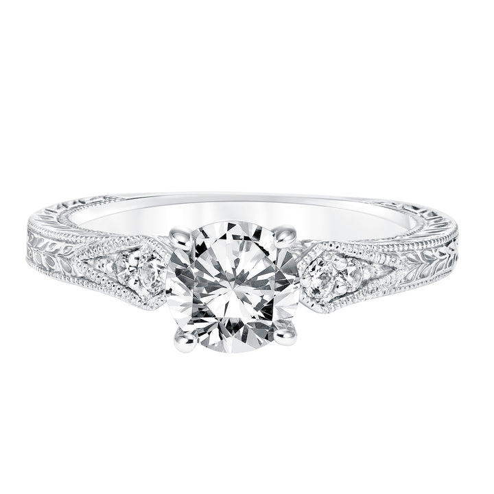 Diamond Prong Set Engagement Ring with Pinched Diamond Engraved  Shank and Milgrain Detail.  Center Stone is not included.