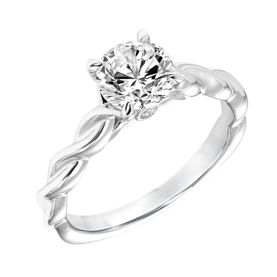 Diamond Solitaire Engagement Ring with Polished Twisted Shank and Bezel Diamond in Gallery.  Center Stone is not included.