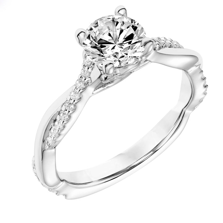 Diamond Prong Set Engagement Ring with Twisted Polished and Diamond Shank and Designed Gallery.  Center Stone is not included.