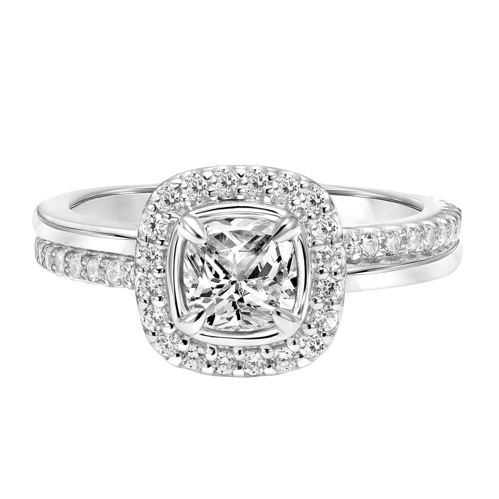 Diamond Halo Engagement Ring with Bezel Set Center and Double Row Asymmetrical Diamond and Polished Shank.  Center Stone is not included.
