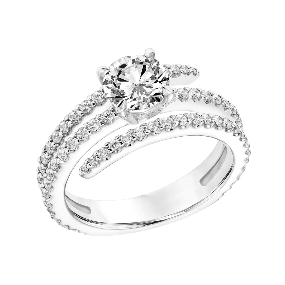 Three Stone Diamond Engagement Ring with Wrap Design Diamond Shank.  Center Stone is not included.