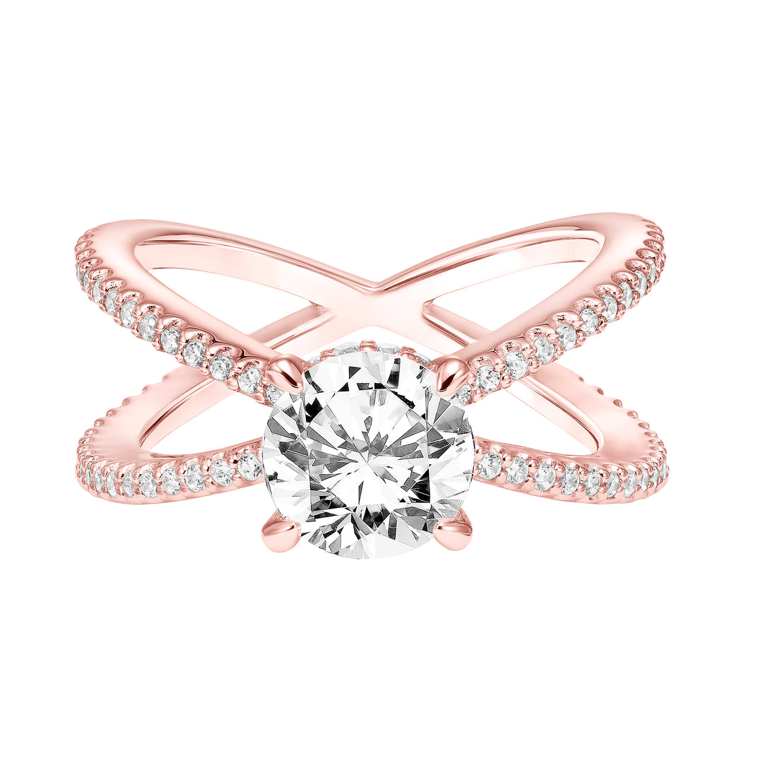 Diamond Prong Set Engagement Ring  with Diamond Collar and X Shape Diamond Shank.  Center Stone is not included.