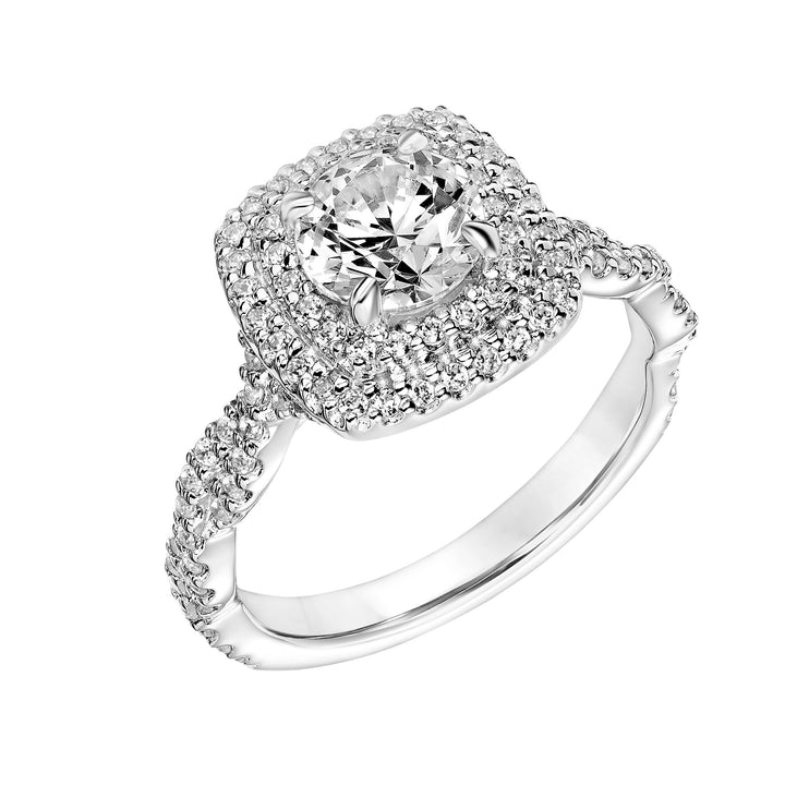 Double Row Diamond Halo Engagement Ring with Twisted Diamond Shank.  Center Stone is not included.