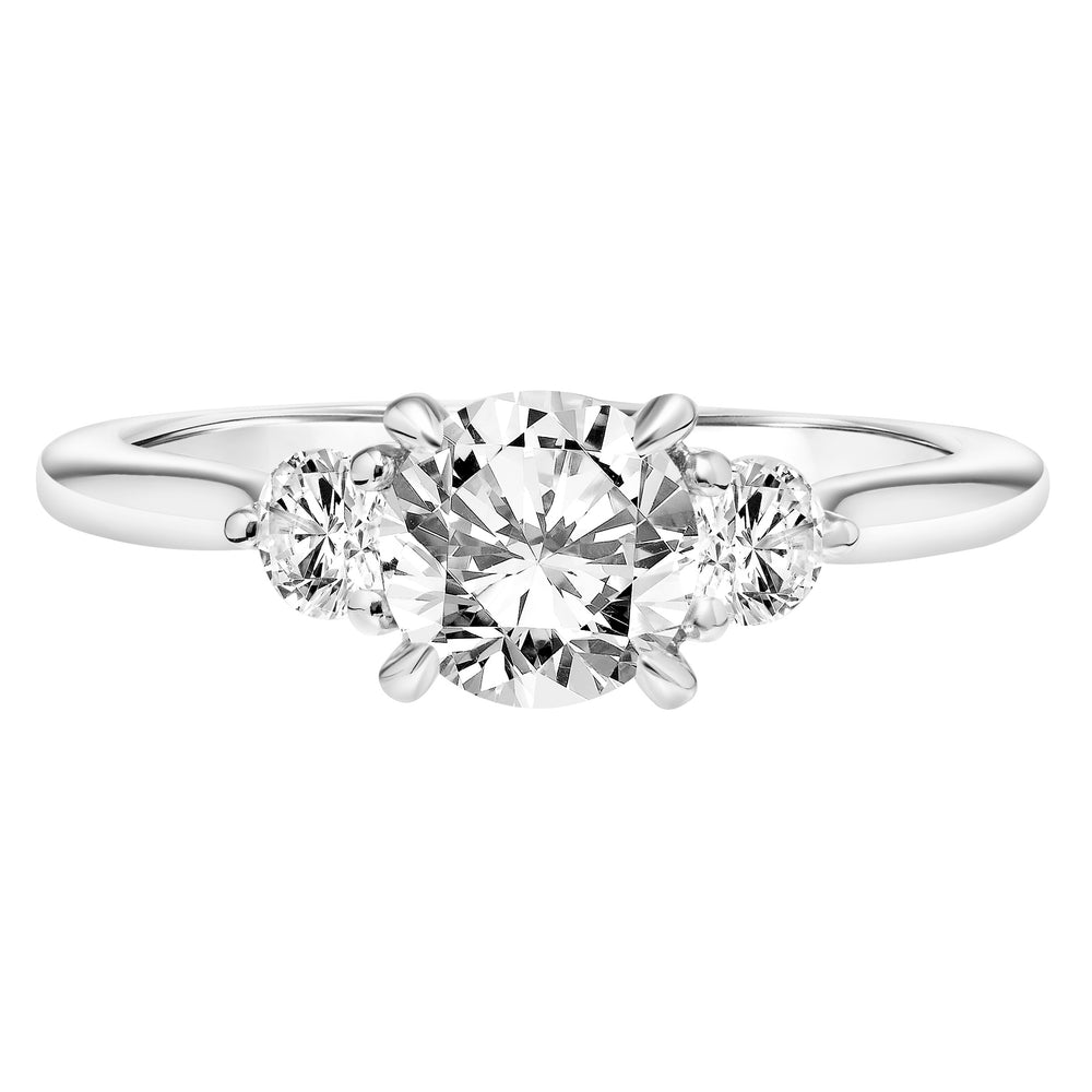 Classic Three Stone Engagement Ring with Round Diamonds and Polished Shank.  Center Stone is not included.