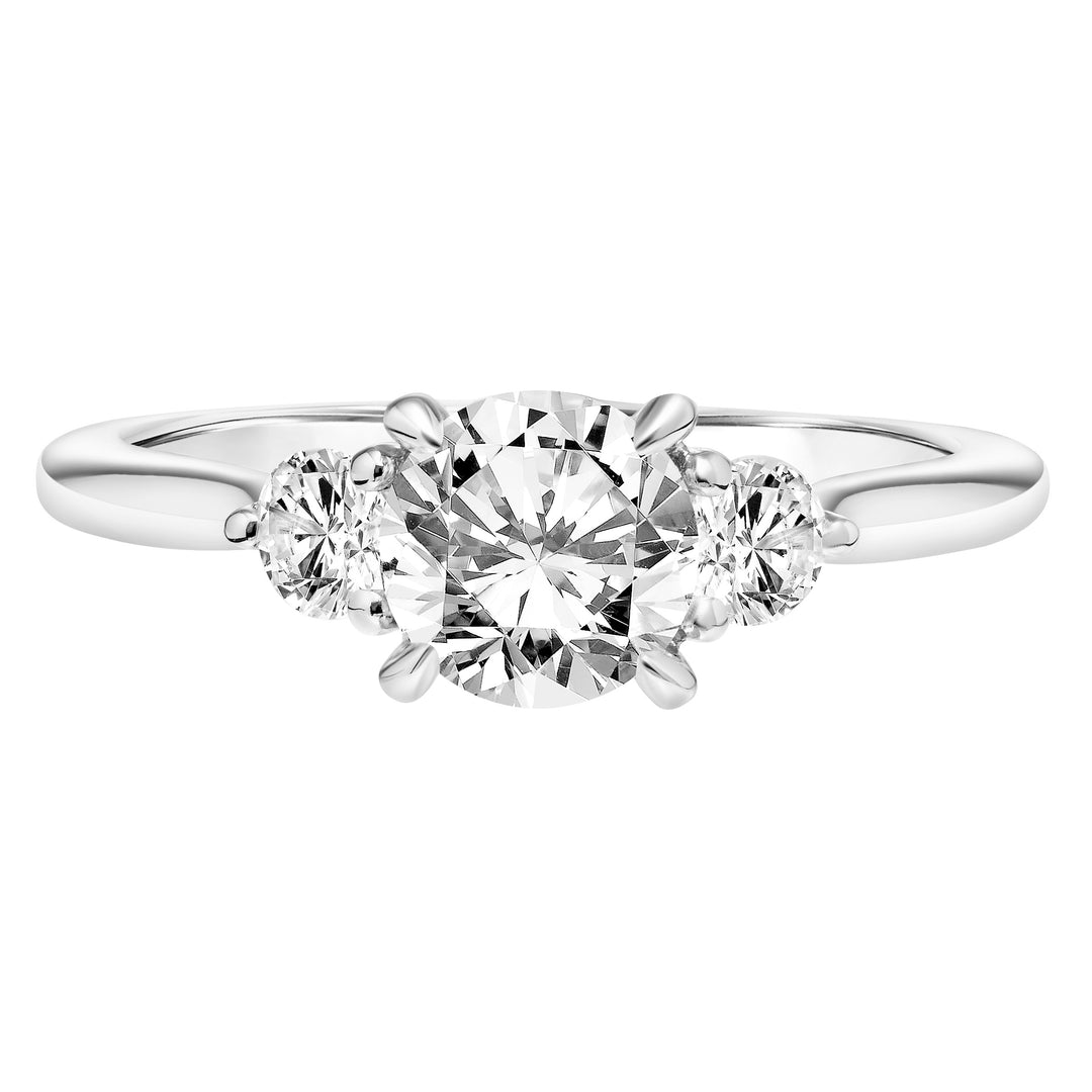 Classic Three Stone Engagement Ring with Round Diamonds and Polished Shank.  Center Stone is not included.