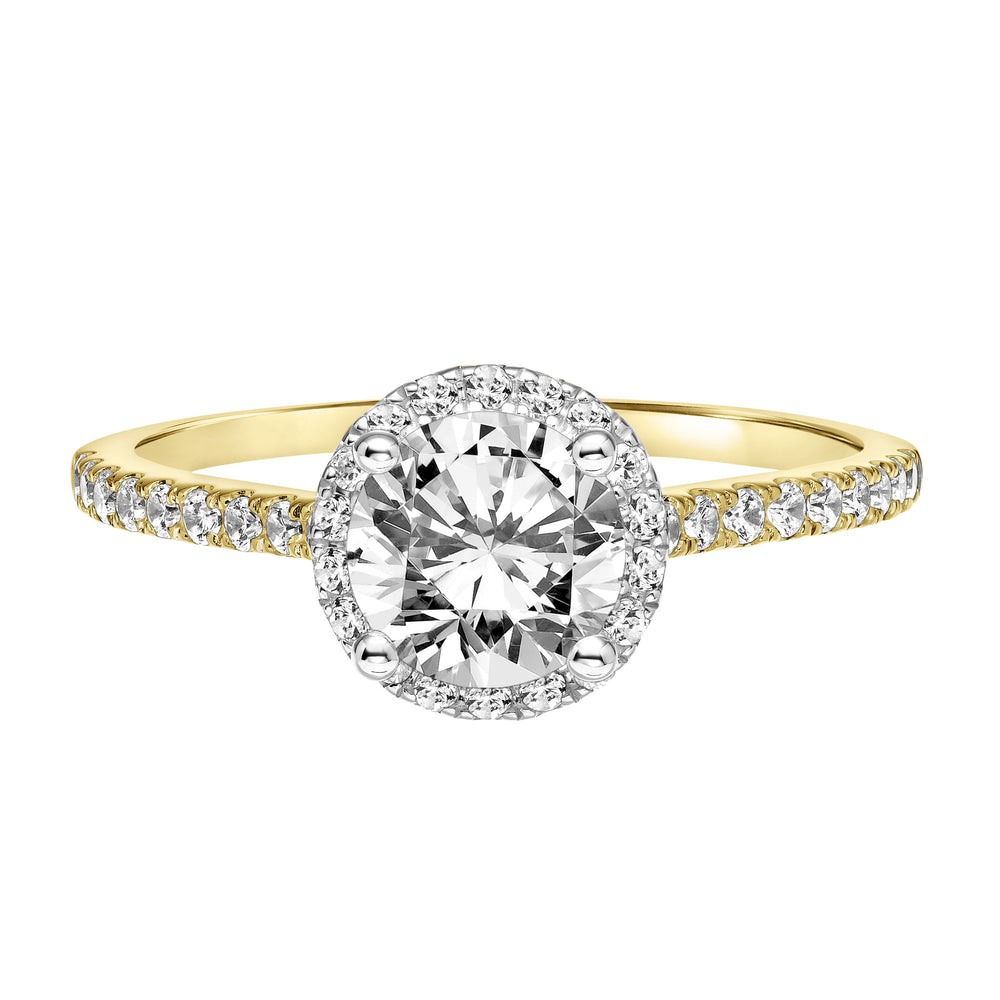 Classic Round Diamond Halo Engagement Ring with Two-Tone Prongs and Diamond Shoulders.  Center Stone is not included.