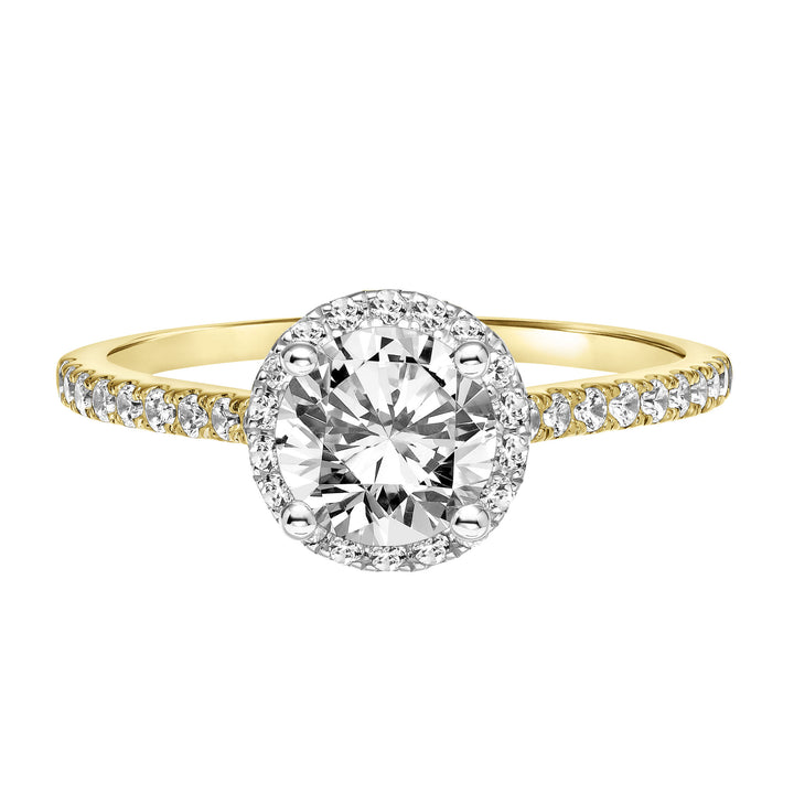 Classic Round Diamond Halo Engagement Ring with Two-Tone Prongs and Diamond Shoulders.  Center Stone is not included.