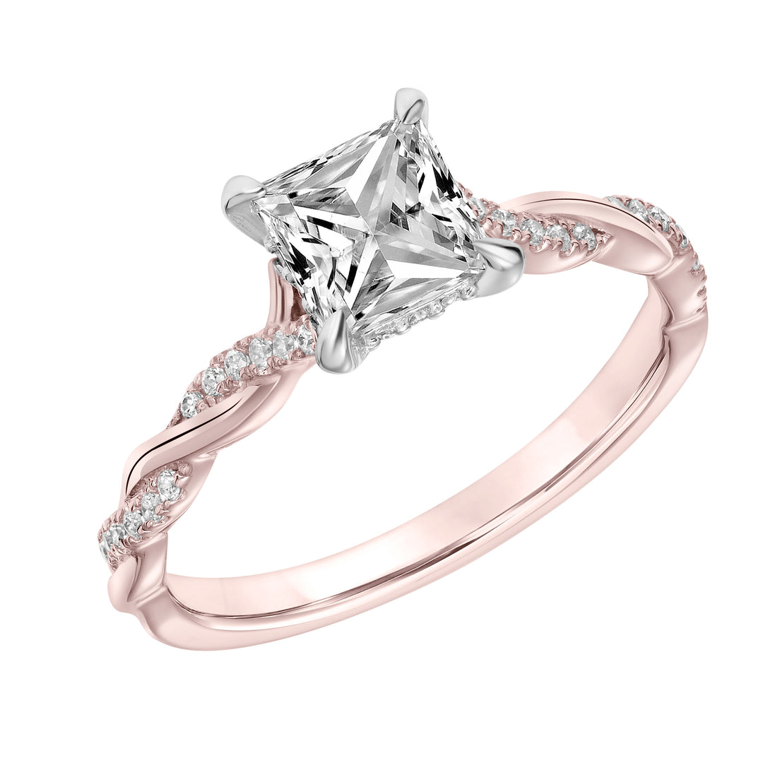 Princess Diamond Engagement Ring with Petitie Half Diamond Half Polished Twisted Shank.  Center Stone is not included.