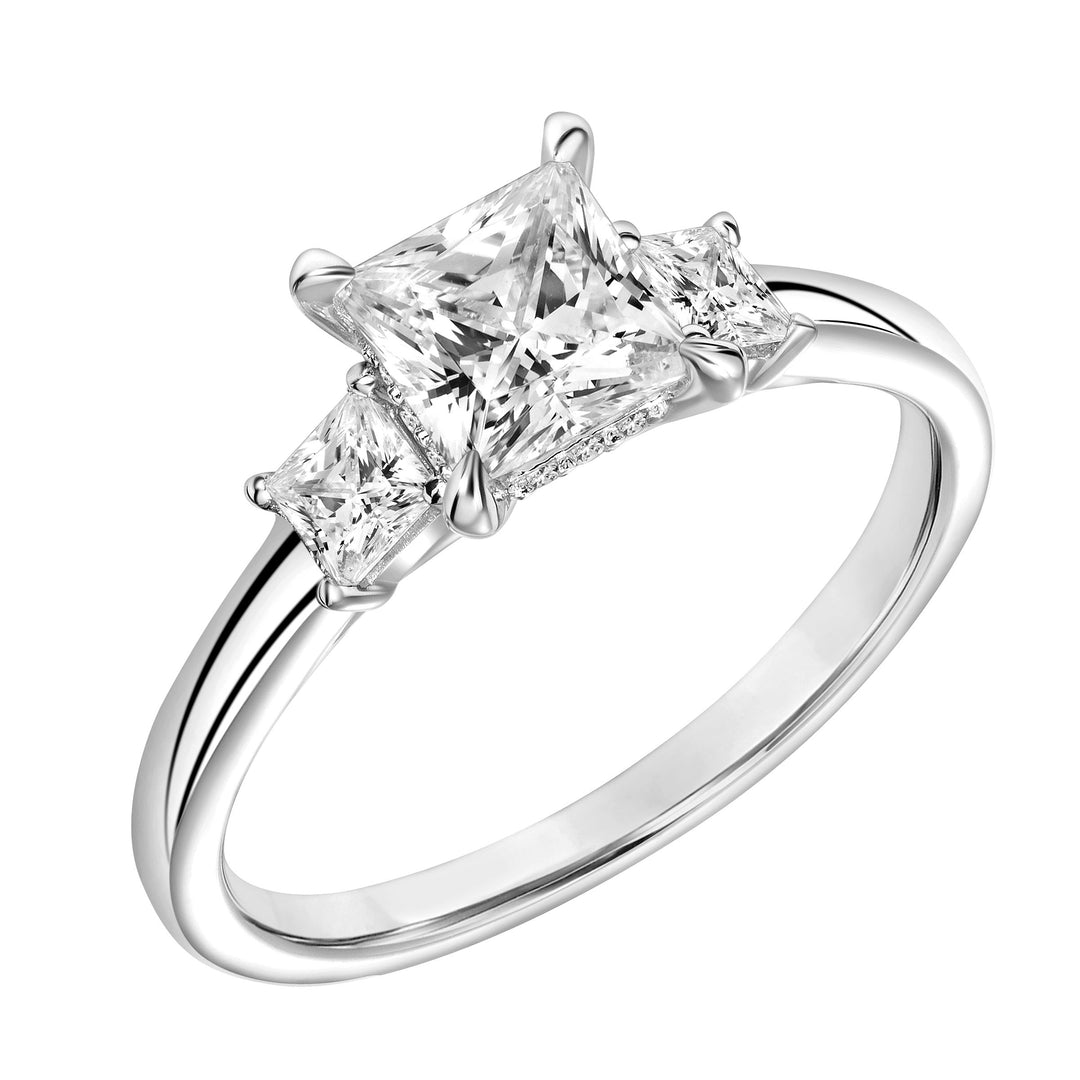 Three Stone Princess Diamond Engagement Ring with Petite Polished Shank.  Center Stone is not included.