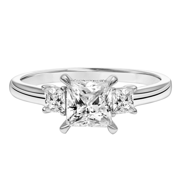 Three Stone Princess Diamond Engagement Ring with Petite Polished Shank.  Center Stone is not included.