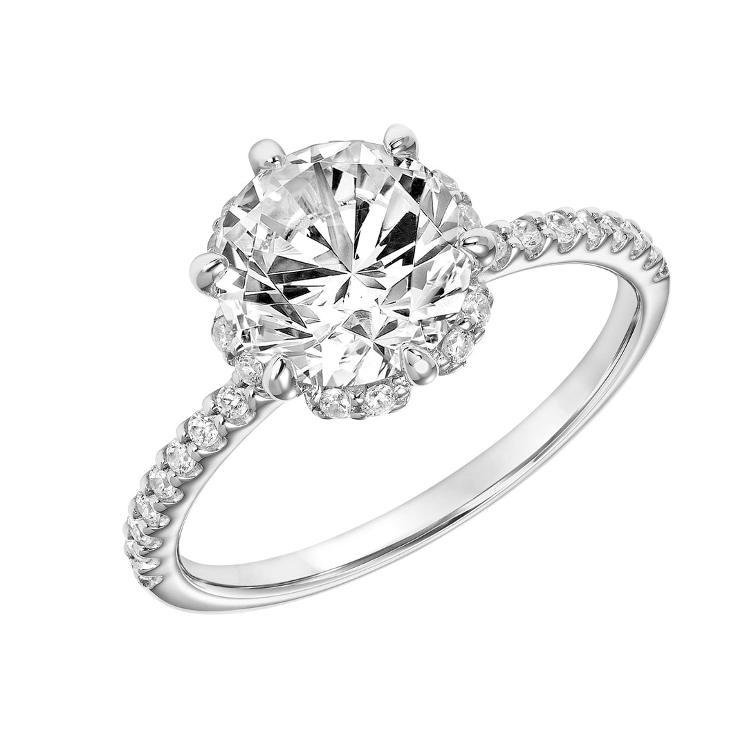 Classic Six Prong Setting Engagement Ring with Hidden Halo and Diamond Shank.  Center Stone is not included.